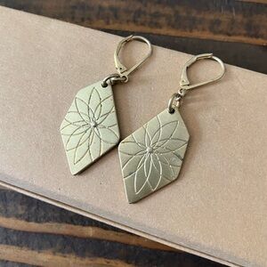 Brass Geometric Floral Dangle Earrings Leverback 2” Boho Artisan